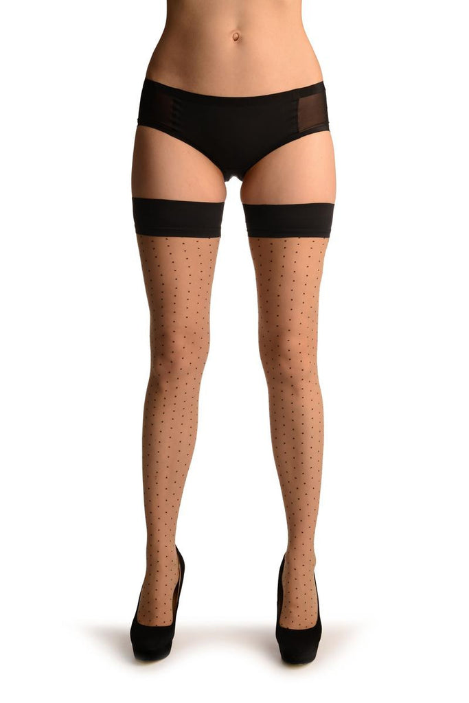 Liss Kiss Beige With Small Polka Dots & Black Silicon Garter - Hold Ups