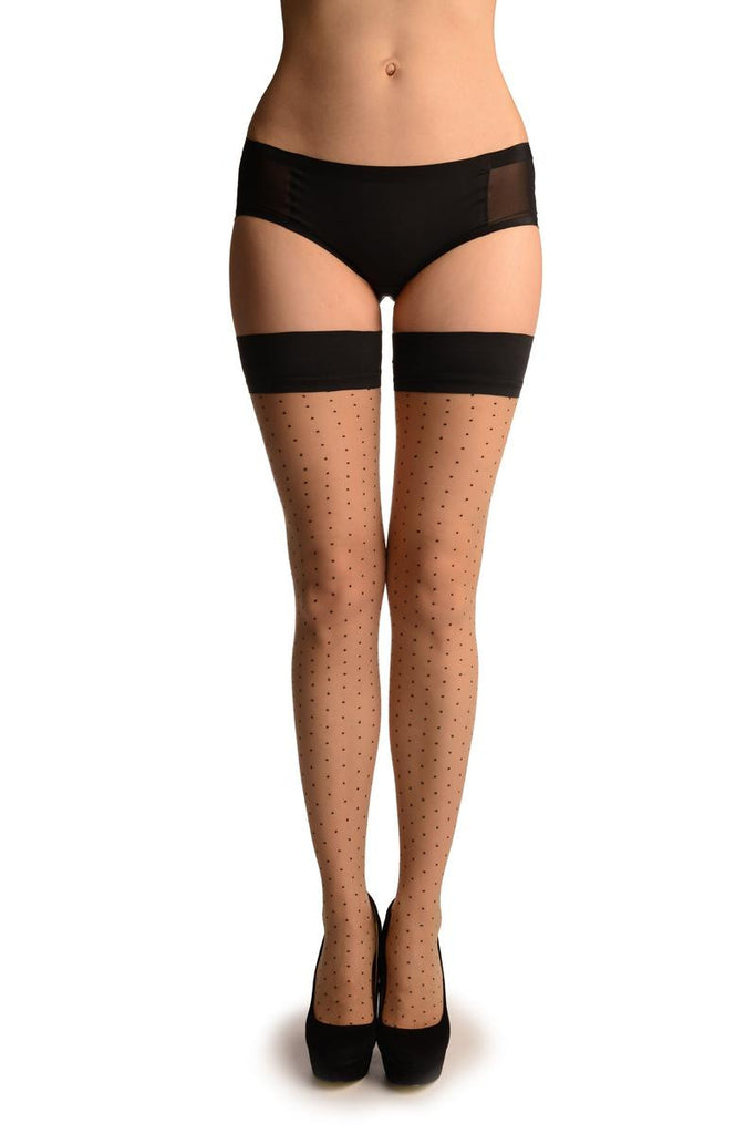 liss kiss Beige With Small Polka Dots & Black Silicon Garter - Hold Ups