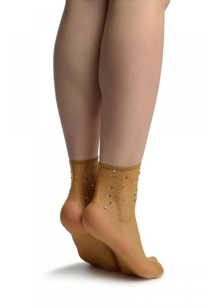 Liss Kiss Beige With Stars & Crystals Ankle High Socks - Socks