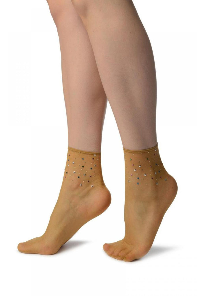 Liss Kiss Beige With Stars & Crystals Ankle High Socks - Socks