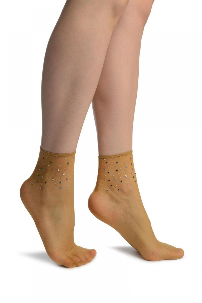 liss kiss Beige With Stars & Crystals Ankle High Socks - Socks