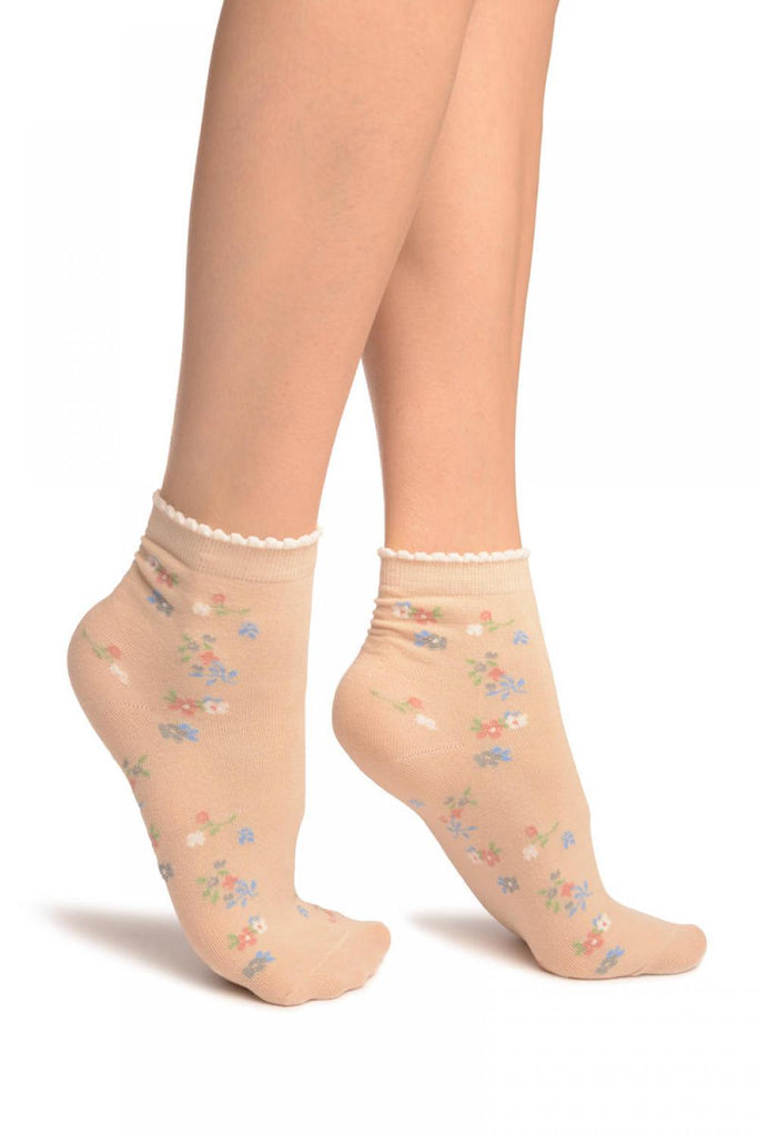 liss kiss Beige With Summer Flowers Ankle High Socks - Socks