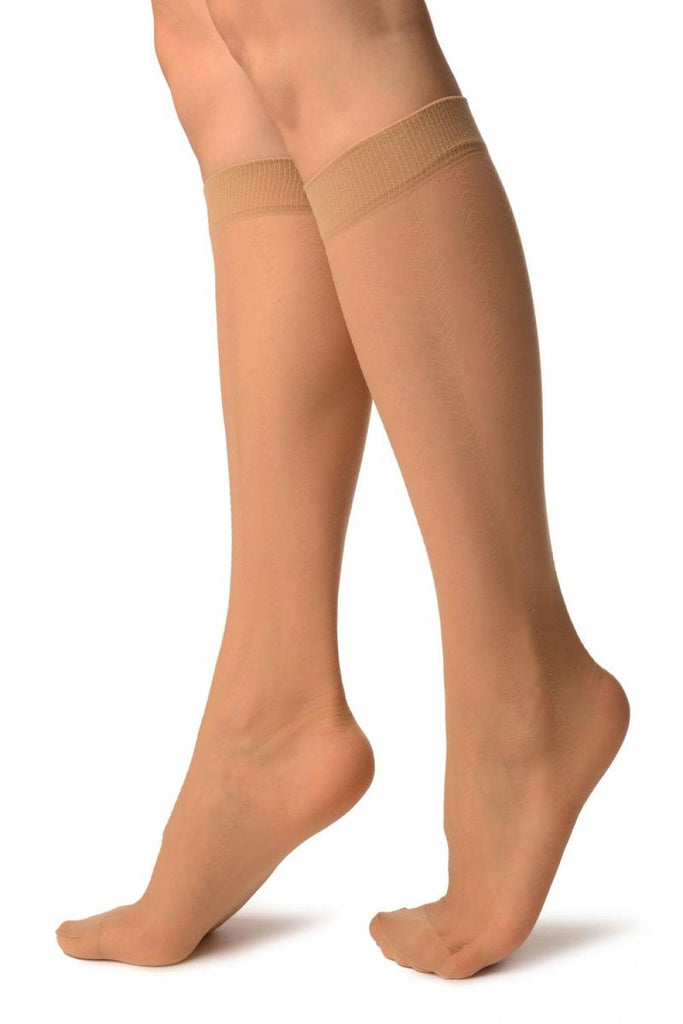 Liss Kiss Beige With Thin Chevron Stripes Socks Knee High - Socks