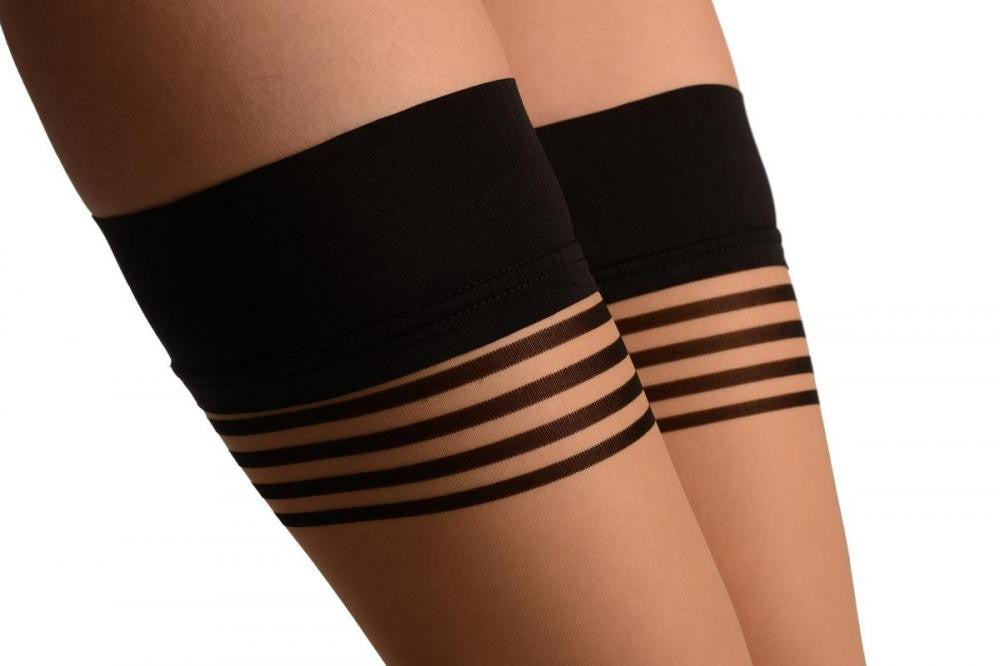 Liss Kiss Beige With Thing Stripes & Matching Black Silicone Top - Hold Ups