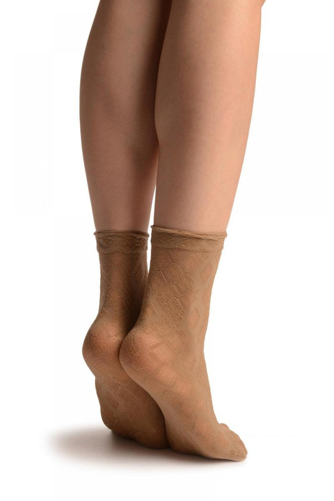 Liss Kiss Beige With Transparent Diamonds Ankle High Socks - Socks