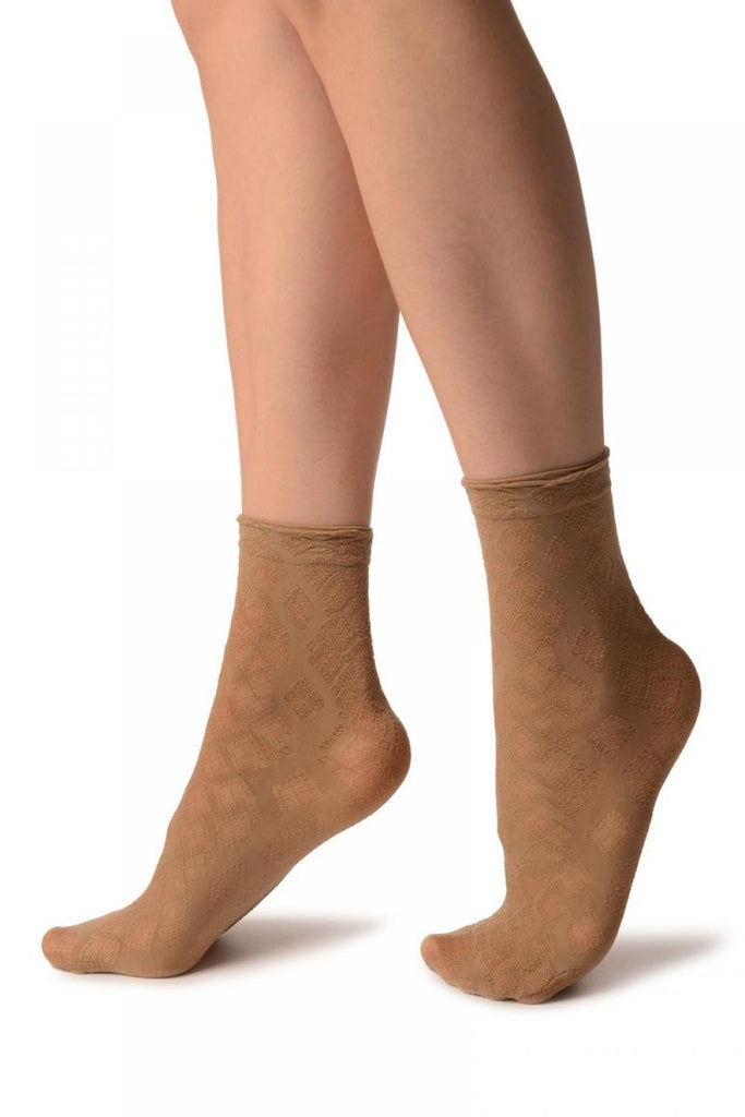 Liss Kiss Beige With Transparent Diamonds Ankle High Socks - Socks