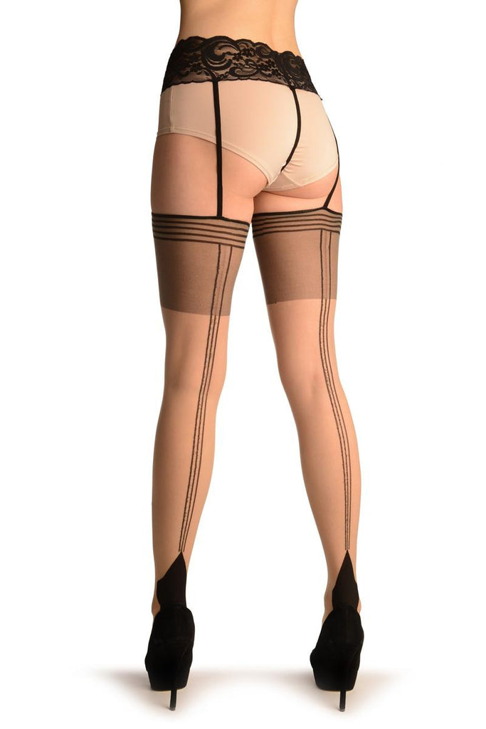 Liss Kiss Beige With Triple Seam & Attached Underwear Belt - Stockings