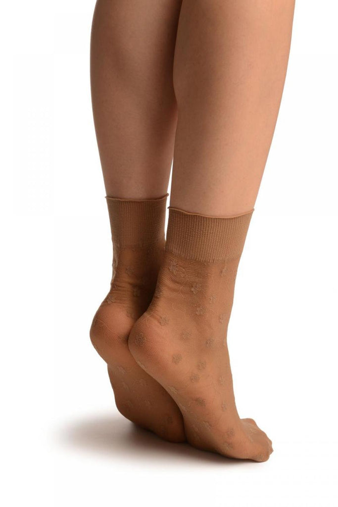 Liss Kiss Beige With Violet Flowers On Mesh Ankle High Socks - Socks