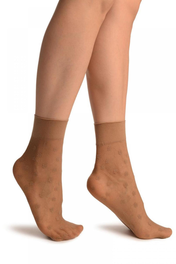 liss kiss Beige With Violet Flowers On Mesh Ankle High Socks - Socks