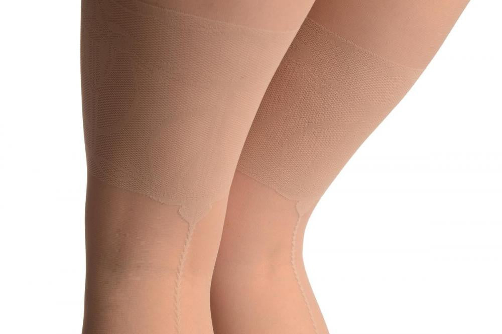 Liss Kiss Beige With Wide Floral Garter & Geometrical Seam - Tights