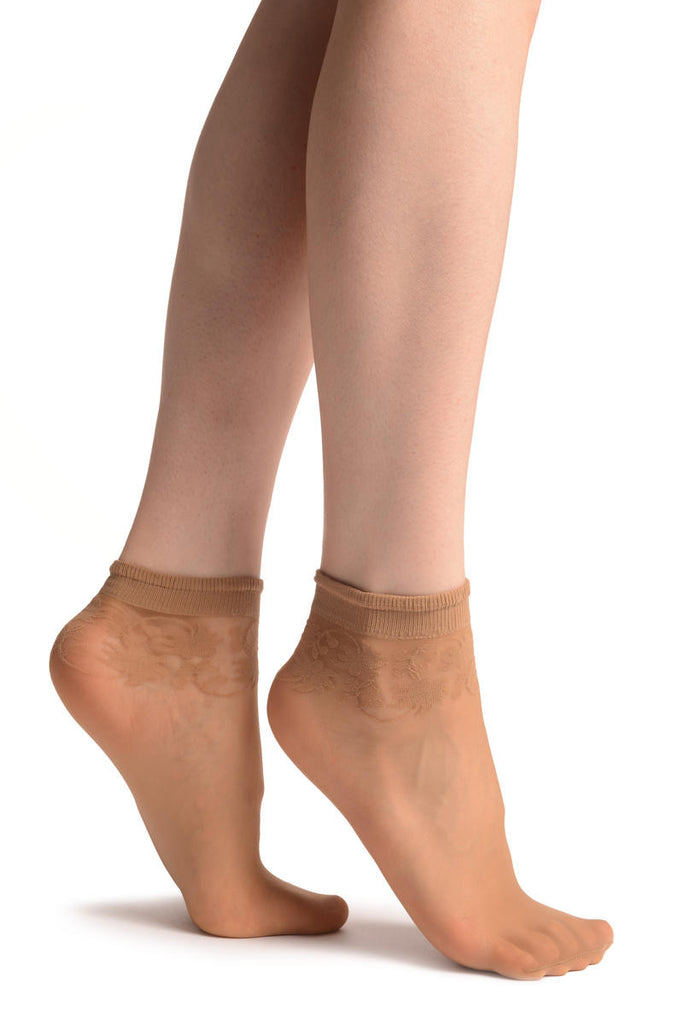 Liss Kiss Beige With Wine Leaves Socks Ankle High - Socks