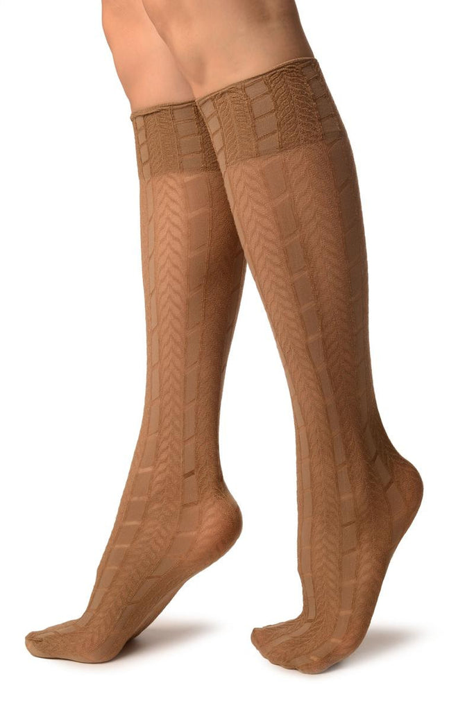 Liss Kiss Beige With Woven Chevrons Socks Knee High - Socks