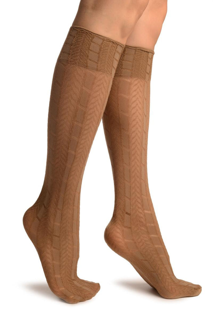 Liss Kiss Beige With Woven Chevrons Socks Knee High - Socks