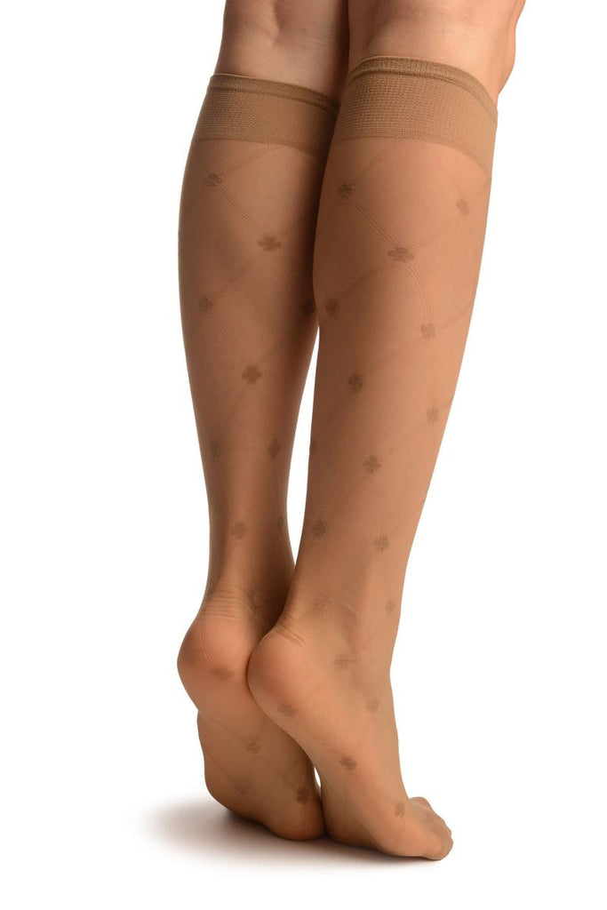 Liss Kiss Beige With Woven Mesh & Clover Socks Knee High - Socks