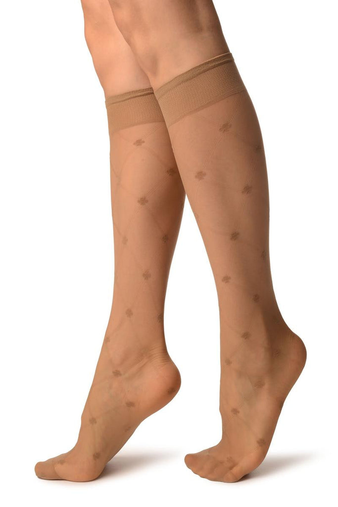 Liss Kiss Beige With Woven Mesh & Clover Socks Knee High - Socks