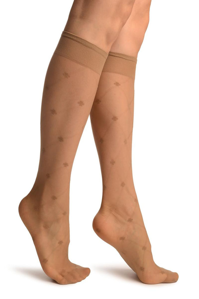 liss kiss Beige With Woven Mesh & Clover Socks Knee High - Socks