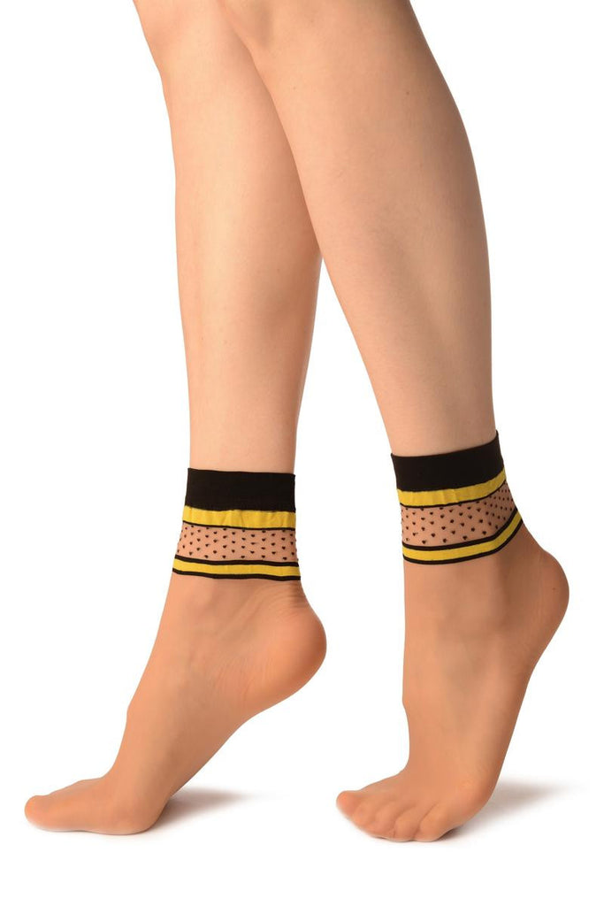 Liss Kiss Beige With Yellow Stripes & Black Dots Ankle High Socks - Socks