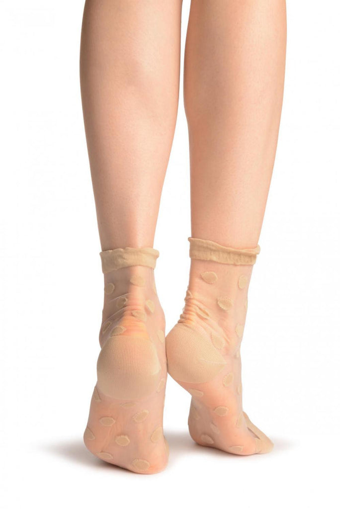 Liss Kiss Beige Woven Polka Dot On Invisible Mesh Ankle High Socks - Socks