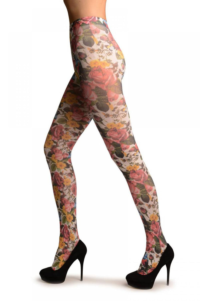 Liss Kiss Birds & Roses On White Printed Tights - Tights