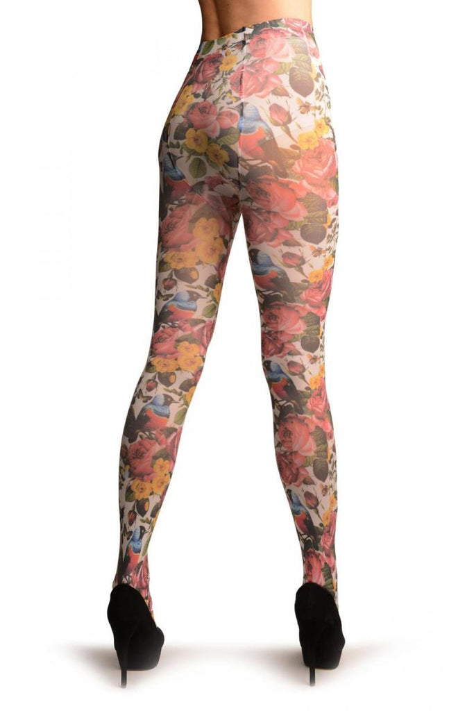 Liss Kiss Birds & Roses On White Printed Tights - Tights