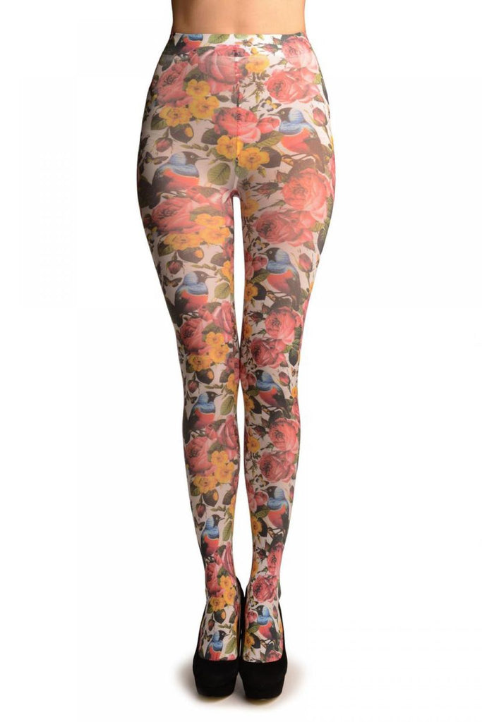liss kiss Birds & Roses On White Printed Tights - Tights