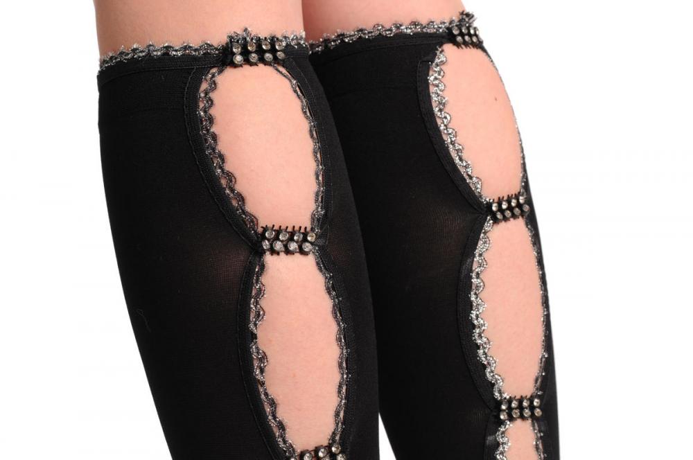 Liss Kiss Black 100 Denier With Silver Lurex Trim & Diamantes - Over The Knee Socks