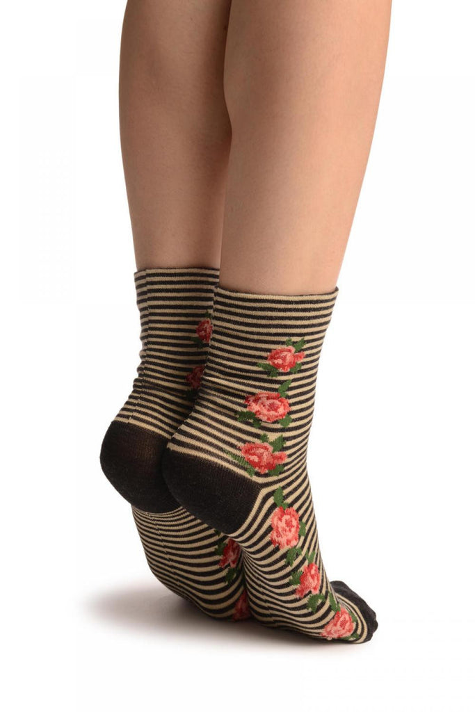 Liss Kiss Black & Beige Stripes & Roses With Comfort Top Ankle High Socks - Socks