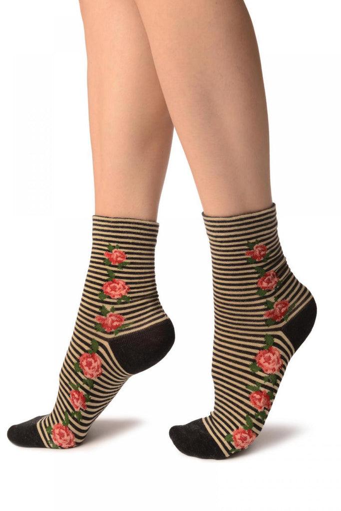 Liss Kiss Black & Beige Stripes & Roses With Comfort Top Ankle High Socks - Socks