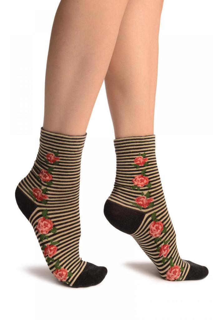 liss kiss Black & Beige Stripes & Roses With Comfort Top Ankle High Socks - Socks