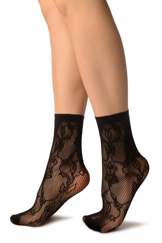 Liss Kiss Black Bell Flowers Lace Socks Ankle High - Socks