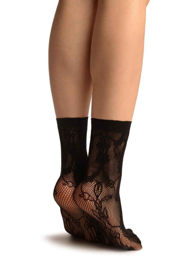 Liss Kiss Black Bell Flowers Lace Socks Ankle High - Socks