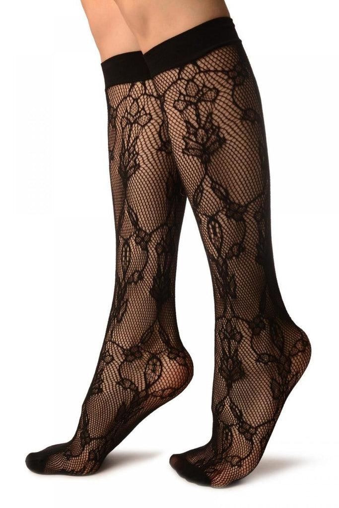 Liss Kiss Black Bell Flowers Lace Socks Knee High - Socks