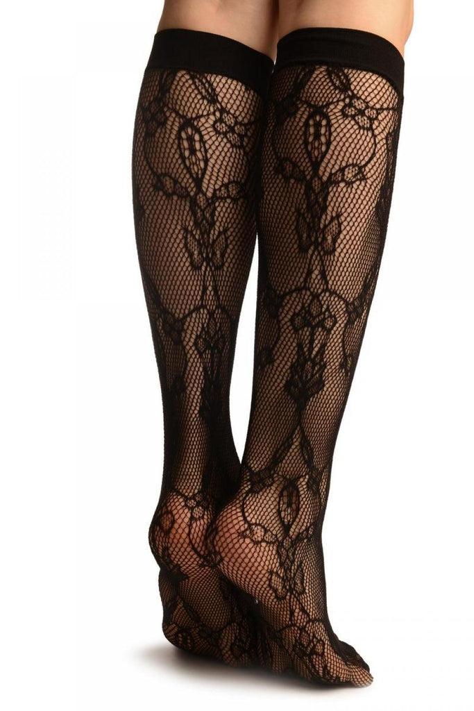 Liss Kiss Black Bell Flowers Lace Socks Knee High - Socks
