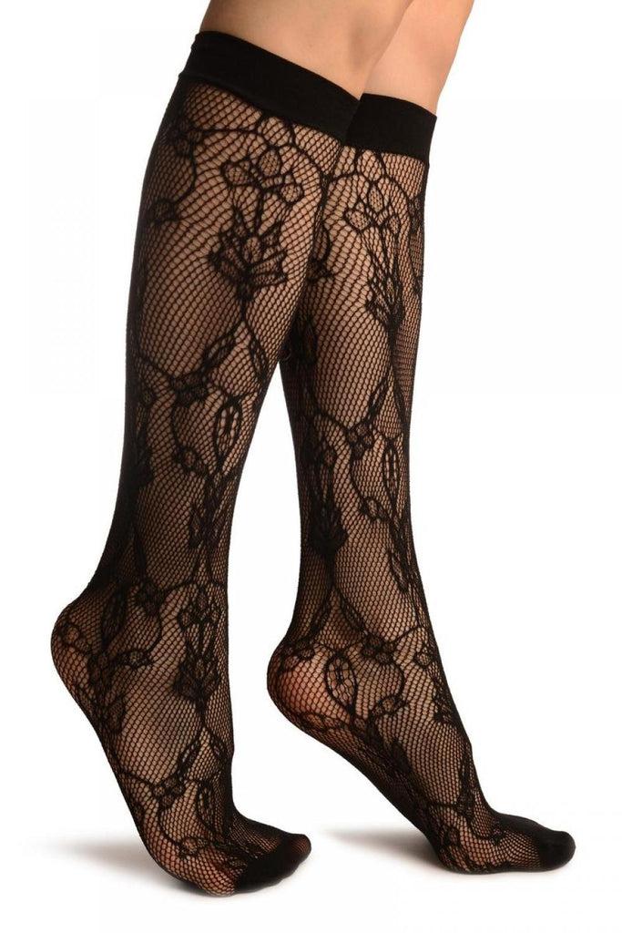 liss kiss Black Bell Flowers Lace Socks Knee High - Socks