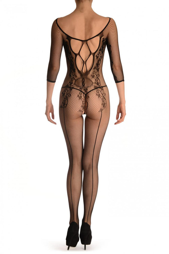 Liss Kiss Black Bodystocking With Back Seam & Large Mesh Panels - Bodystocking
