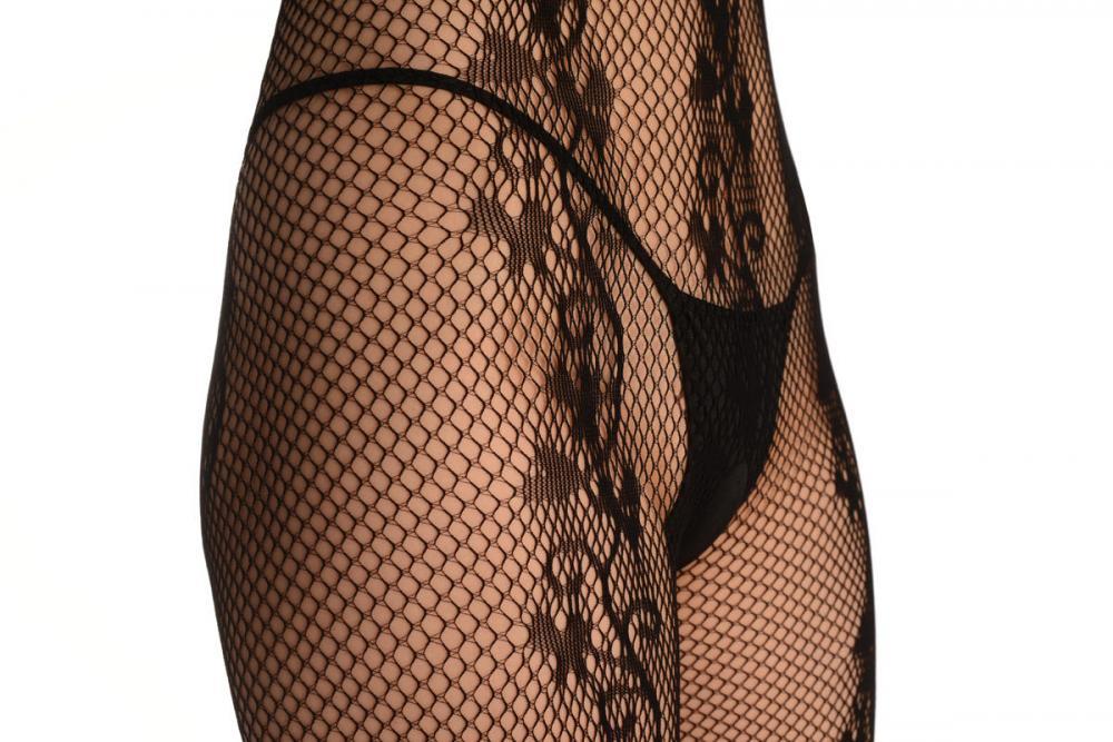 Liss Kiss Black Bodystocking With Back Seam & Large Mesh Panels - Bodystocking