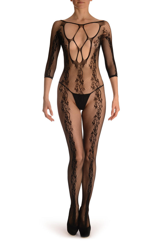 Liss Kiss Black Bodystocking With Back Seam & Large Mesh Panels - Bodystocking