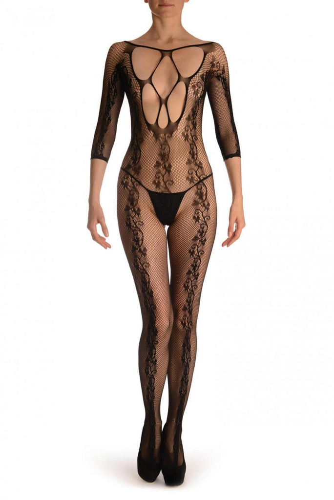 Liss Kiss Black Bodystocking With Back Seam & Large Mesh Panels - Bodystocking
