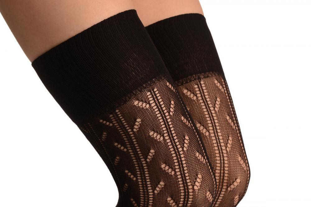 Liss Kiss Black Branches Crochet Lace With Elasticated Top - Hold Ups
