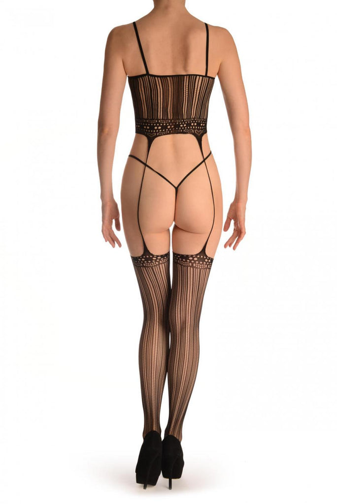 Liss Kiss Black Burlesque Bodystocking With Attached Stockings - Bodystocking