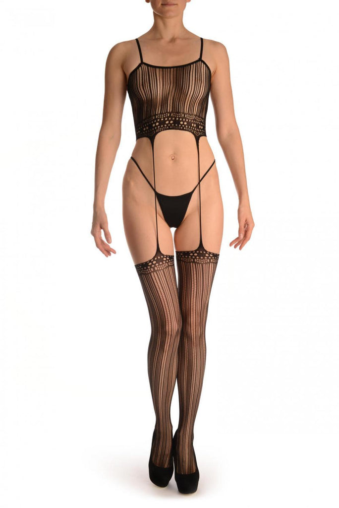 liss kiss Black Burlesque Bodystocking With Attached Stockings - Bodystocking