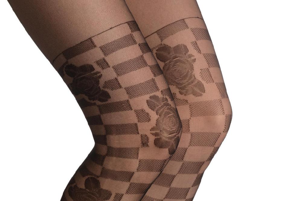Liss Kiss Black Checkered With Woven Roses Faux Stockings 40 Den - Tights