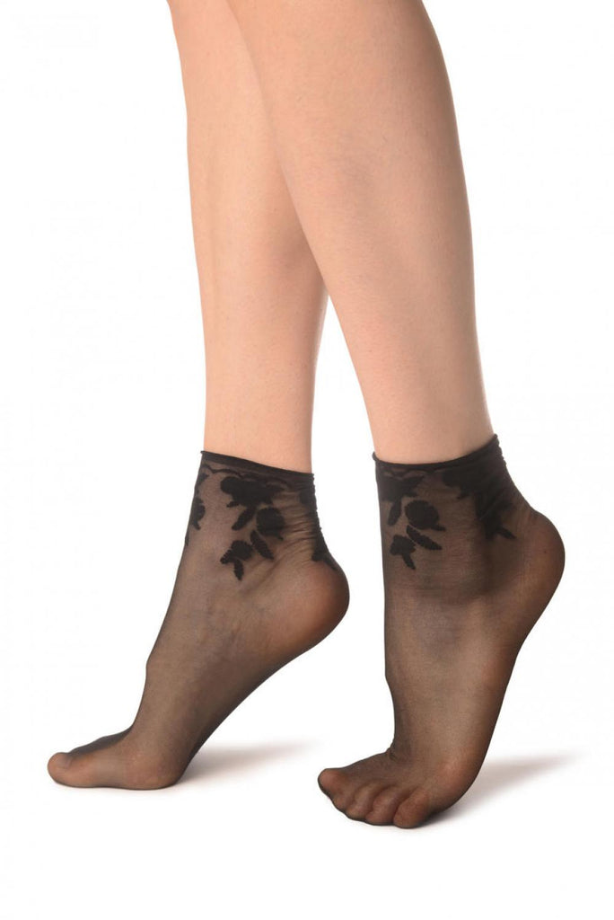 Liss Kiss Black Chrysanthemum Flowers With Comfortable Top Ankle High Sock - Socks