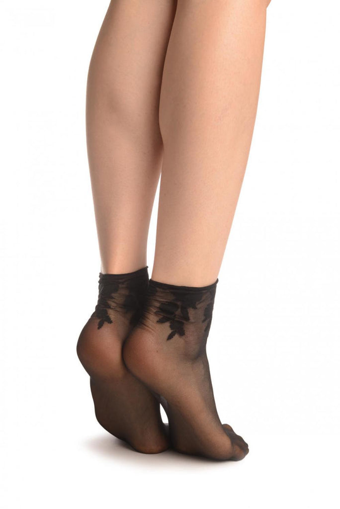 Liss Kiss Black Chrysanthemum Flowers With Comfortable Top Ankle High Sock - Socks