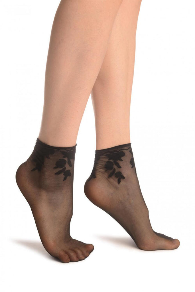 liss kiss Black Chrysanthemum Flowers With Comfortable Top Ankle High Sock - Socks
