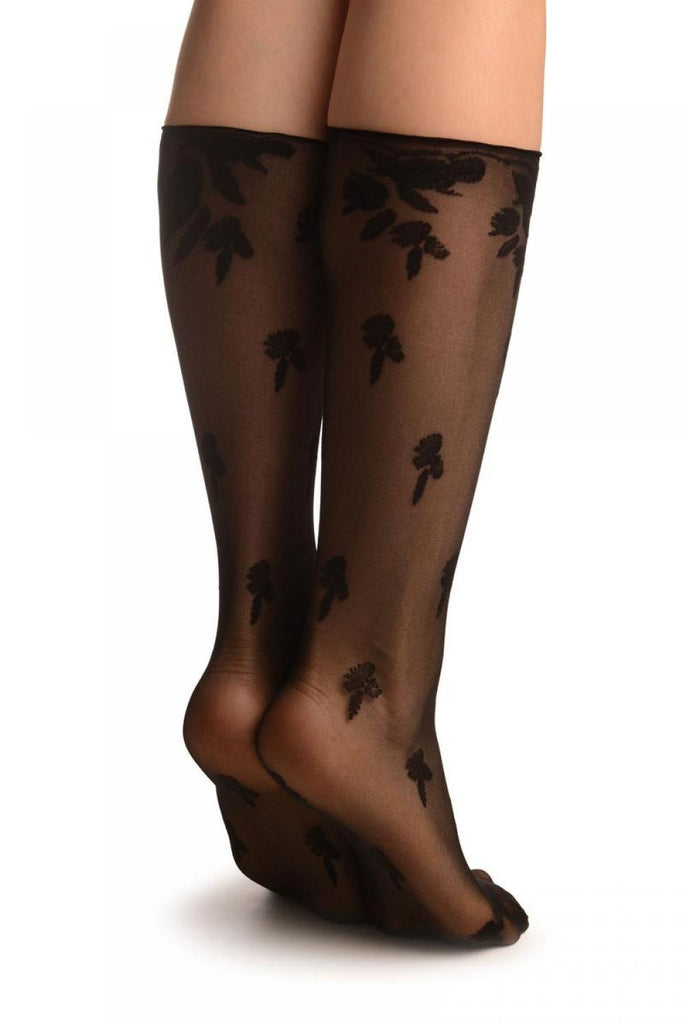 Liss Kiss Black Chrysanthemum Flowers With Comfortable Top Socks Knee High - Socks