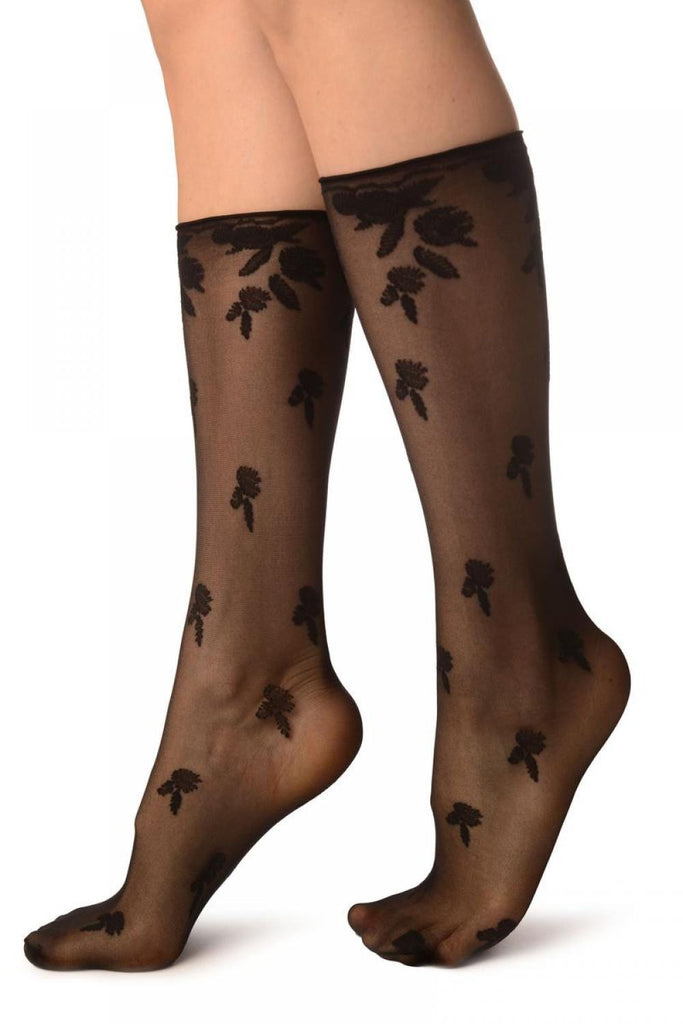 Liss Kiss Black Chrysanthemum Flowers With Comfortable Top Socks Knee High - Socks