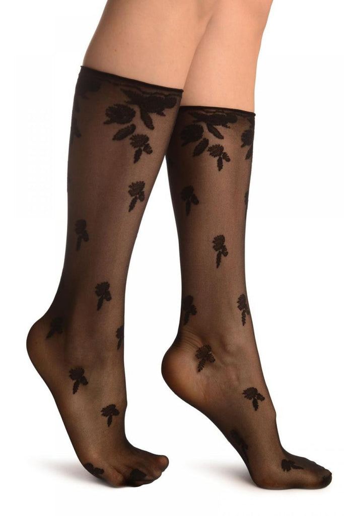 liss kiss Black Chrysanthemum Flowers With Comfortable Top Socks Knee High - Socks