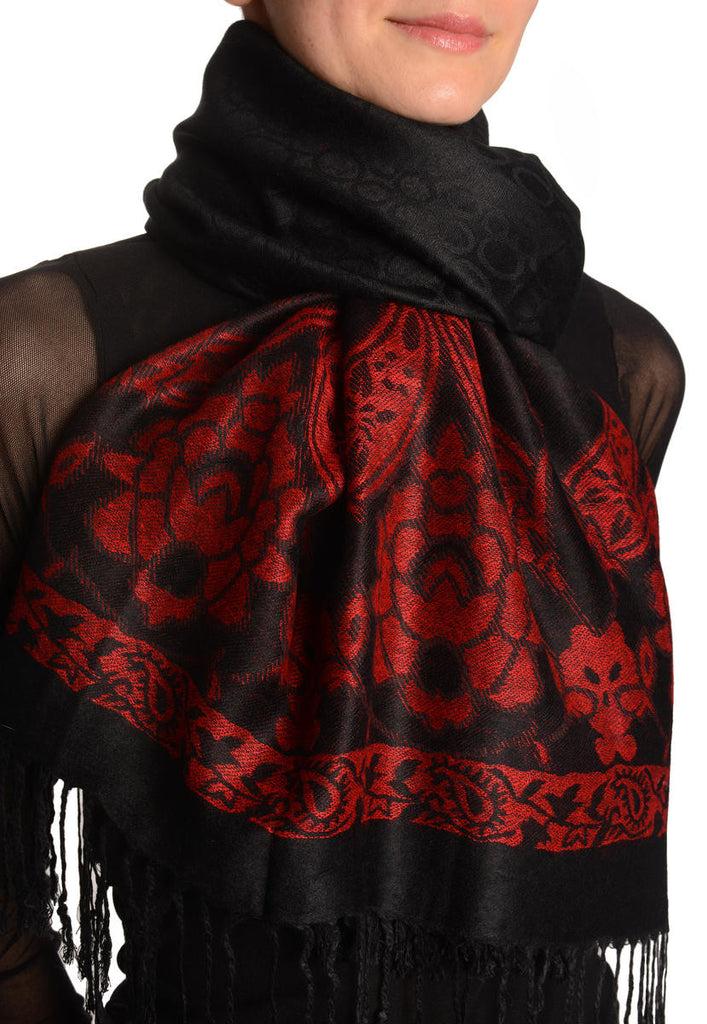 Liss Kiss Black Circles And Red Flowers On Black Pashmina With Tassels - Scarf