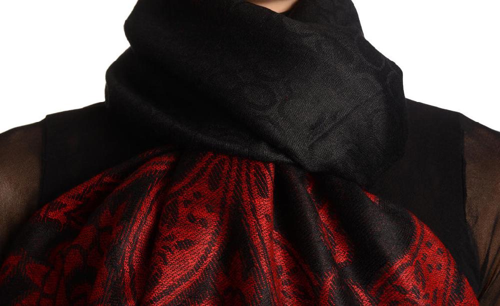 Liss Kiss Black Circles And Red Flowers On Black Pashmina With Tassels - Scarf